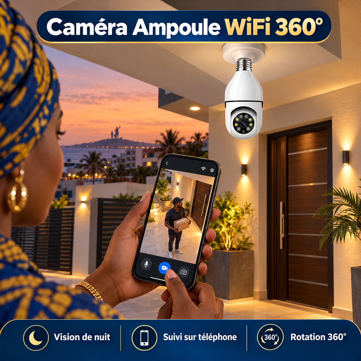 Caméra ampoule WiFi 360° avec vision de nuit