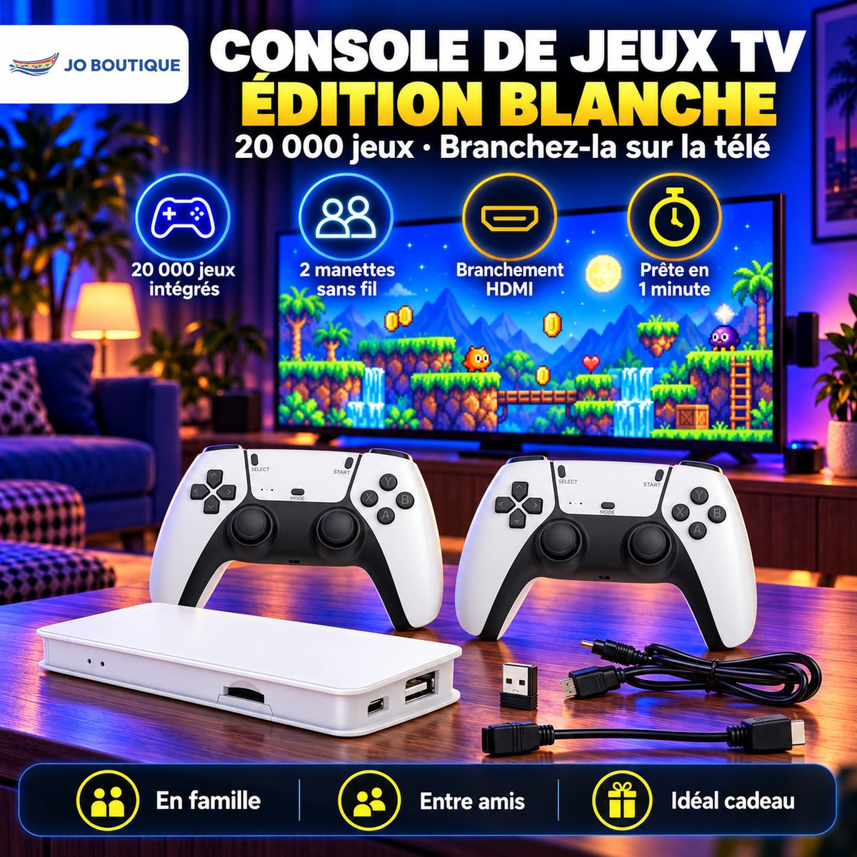 Console de jeux TV blanche : 20 000 jeux et 2 manettes sans fil
